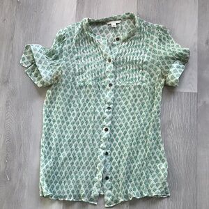 BANANA REPUBLIC 100% SILK GREEN FLORAL SEMI SHEER BLOUSE LARGE